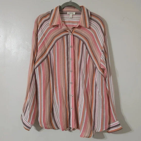 ✨️4/$20. COMO BLU Retro Striped Long Sleeve, Linen Look. Multi-Color, 70's - Picture 3 of 13